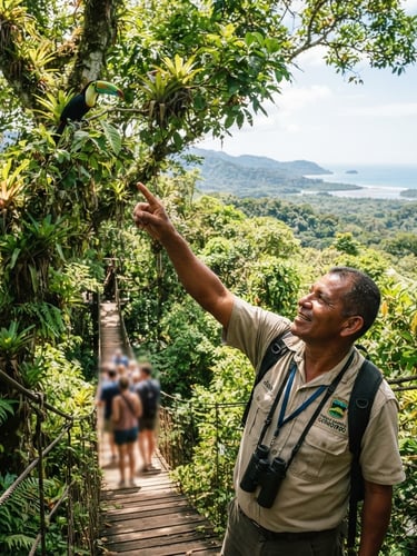 Wide-angle action shot of native naturalist guide pointing out wildlife in Uvita canopy, vibrant jungle greens, bright tropical sunlight, 35mm film feel.