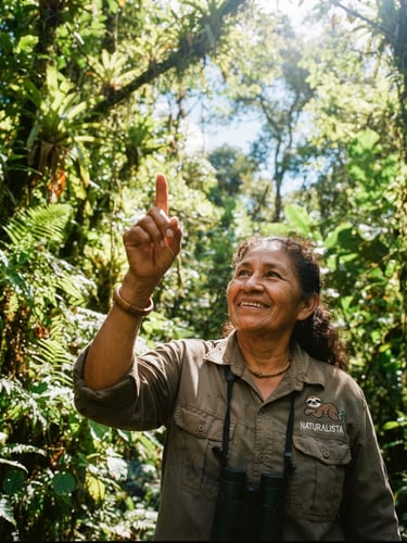 Close-up of a smiling native Costa Rican naturalist guide pointing towards a lush rainforest canopy, bright tropical sunlight filtering through leaves, 35mm film feel