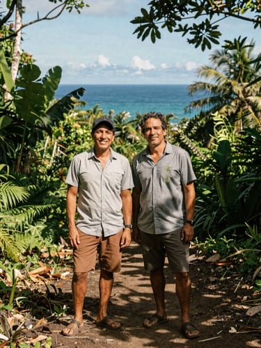 Medium portrait of two Costa Rican founders standing proudly on a rainforest trail in Uvita, warm natural sunlight, professional eco-editorial style.