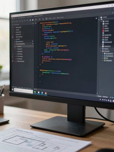 Close-up of a monitor showing a clean database migration script in a dark code editor, desk surface visible below with a printed architecture document, soft north-facing daylight from off-frame left