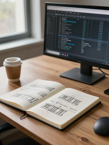 Wide shot of a developer's desk from the left edge, architecture diagram sketched in a notebook, a second monitor showing database schema in dim office light, coffee cup to the side, warm natural light from a nearby window