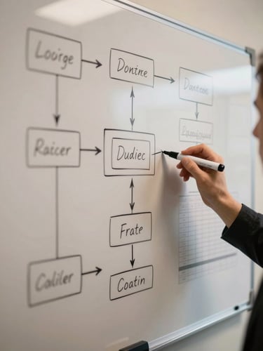Overhead view of a whiteboard covered in system flow diagrams and route optimization sketches, a hand holding a marker mid-annotation, warm diffuse office light, printed spreadsheet visible at the edge