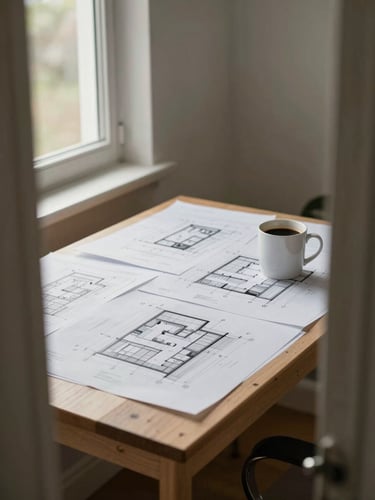 Wide environmental shot of a developer's desk seen from the doorway, architecture diagrams spread across the surface, a mug of coffee to one side, soft north-facing daylight through a window to the left, no person visible, calm and purposeful atmosphere
