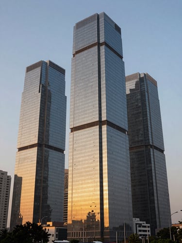 Sleek architectural elevation of high-rise luxury towers along Dwarka Expressway under golden hour light, glass facades reflecting a warm sky, sharp geometric lines.