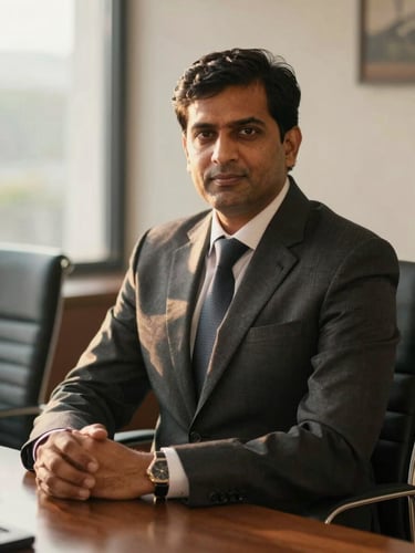 A professional editorial portrait of Mr. Ankur Taneja, a real estate founder in a dark corporate suit, seated in a sunlit Gurugram boardroom, shallow depth of field, golden hour light.