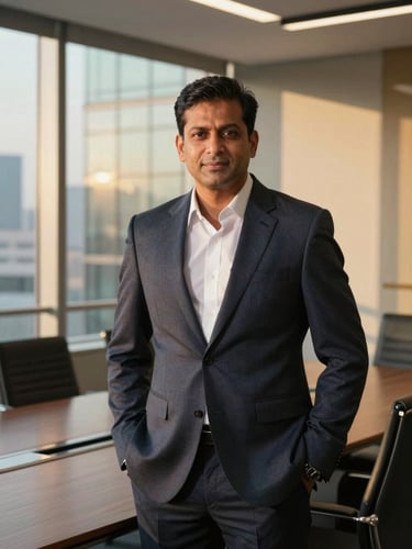 Professional executive portrait of Mr. Ankur Taneja in a corporate boardroom setting, crisp golden hour light reflecting off glass windows, modern architectural details in the background, sharp focus, professional real estate consultant.