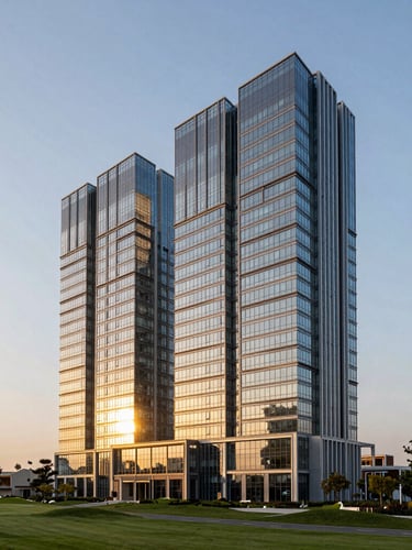 Wide-angle architectural elevation of Golf Course Extension Road at golden hour, modern glass-and-steel skyscraper reflecting warm sunlight, clean geometric lines, negative space on the left