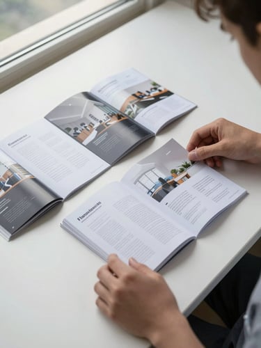 Close overhead shot of a spread of finished printed brochures and folded catalogs laid out on a clean white work table, hands adjusting one piece, sharp daylight from a studio window, businesslike and precise