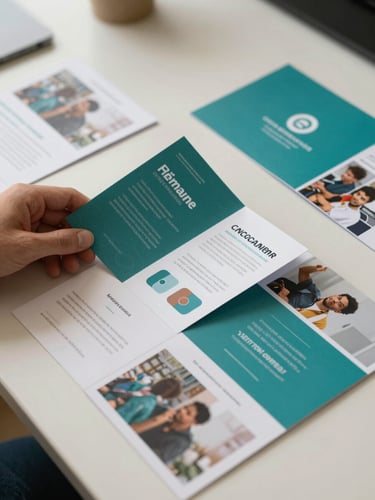 Close overhead shot of a professional work desk, printed brochures and advertising flyers laid out on a light surface, a designer's hand adjusting a folded tri-fold, clean studio daylight from the left, teal and cream color palette in the printed materials, sharp focus on paper texture