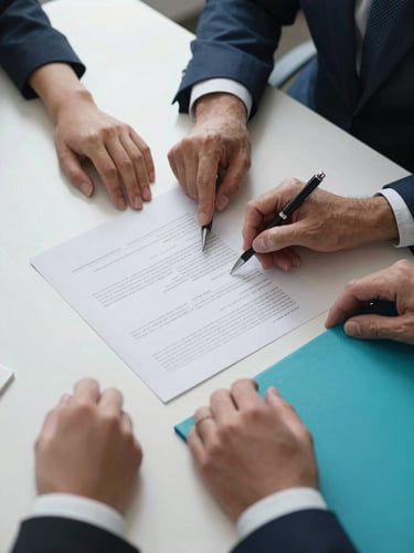 Overhead view of a business meeting table, two sets of hands reviewing a printed advertising proposal document together, a pen resting on the page, clean office environment with diffused natural light, teal branded folder visible at the edge