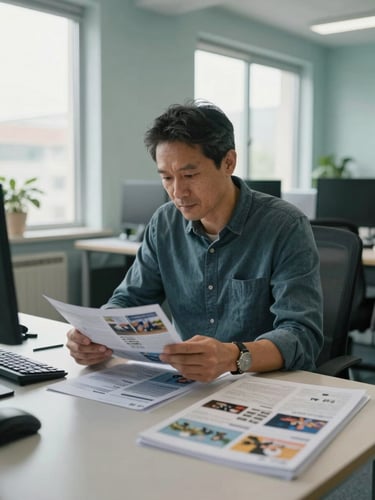 Close environmental portrait of a professional in their late 40s reviewing printed brochures at a wide desk in a well-lit office, natural daylight through side windows, calm and focused, teal-toned workspace background, documentary style