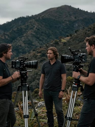 Behind the scenes of a professional film crew on a mountain location in Colombia, cinematic low-key lighting, anamorphic lens, 35mm grain