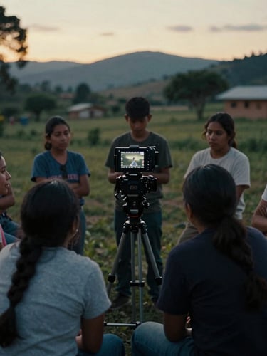 Cinematic film photography of a community film workshop in rural Colombia, natural golden hour lighting, local participants looking at a camera screen, 35mm grain
