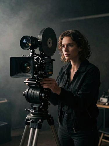 Cinematic portrait of a female director behind a 35mm film camera on a dark set, moody low-key lighting, volumetric mist, high contrast