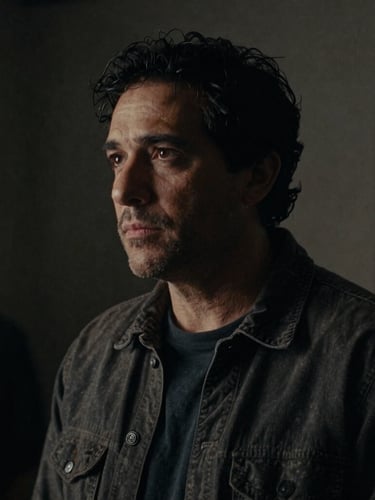 Cinematic low-key portrait of film director Andrés Beltrán Nossa on a dark film set, looking thoughtfully off-camera, dramatic side lighting, anamorphic lens, 35mm grain
