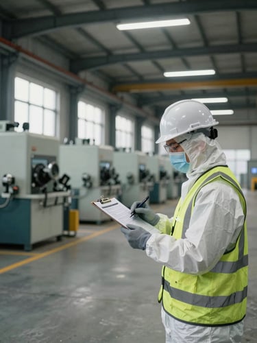 Wide-angle documentary shot of an industrial facility floor, a worker in full PPE — hard hat, safety vest, gloves — reviewing a hazard identification checklist on a clipboard, overhead fluorescent lighting with natural daylight entering from side windows, machinery visible in background, purposeful and operational atmosphere