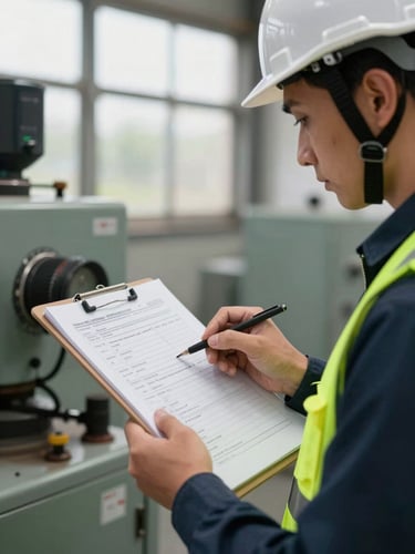 Close-up documentary shot, safety inspector reviewing a clipboard checklist beside industrial equipment, hard hat and high-visibility vest visible, overcast natural light from a factory window, sharp focus on the documentation in hand