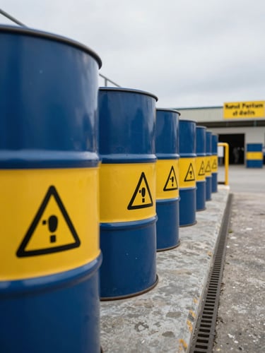 Close-up documentary view of industrial waste drums labeled with hazard symbols lined in a containment yard at a Peruvian manufacturing plant, overcast daylight, concrete floor with drainage channels, safety signage visible in background