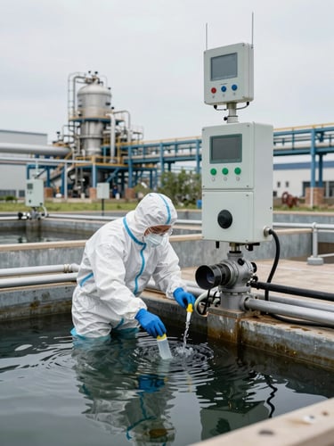 Wide documentary shot of industrial environmental monitoring station, technician in PPE collecting water samples from a containment basin at a manufacturing facility, overcast natural daylight, equipment and industrial structures visible in background, journalistic framing
