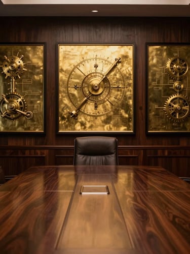Dark wood executive boardroom with brass mechanical schematics framed on the wall, dramatic low-key lighting, rich metallic textures, 35mm