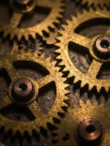 Macro photograph of heavy brass and copper clockwork gears, low-key chiaroscuro lighting with warm amber reflections, rich metallic textures, 35mm