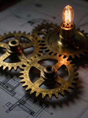 Close-up of vintage brass mechanical gears and architectural blueprints, low-key chiaroscuro lighting, warm amber filament glow, 35mm
