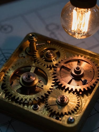 Macro detail shot of heavy brass mechanical gears and copper escapements, low-key chiaroscuro lighting, amber filament bulb glow, blueprints visible in the background, 35mm