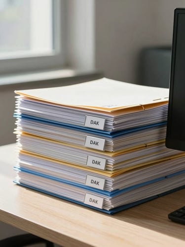 Bright modern workspace desk from the side, neat stacks of labeled folders on the right edge kissing the screen border, sunlit window background