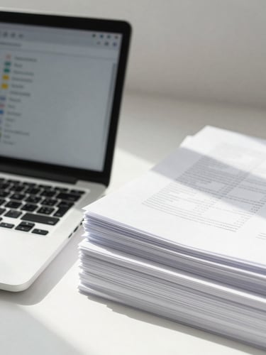 A bright, clean workspace with a laptop displaying a simple folder structure next to a neat stack of paper files, natural morning light, close-up details.