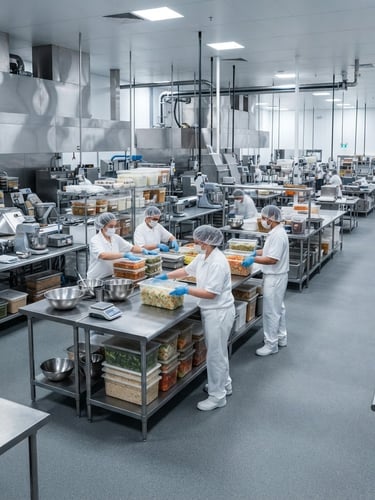 Wide-angle bright shot of a sterile industrial kitchen, stainless steel prep tables, professional staff in white hygienic gear organizing bulk food containers, cool steel tones