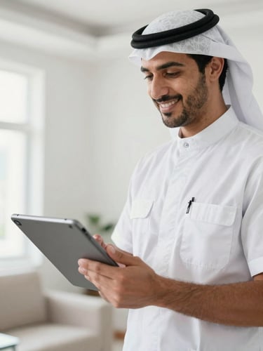 Professional Saudi technician in clean uniform holding diagnostic tablet, smiling, bright indoor home setting, sharp focus, shallow depth of field