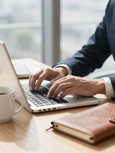 Close-up of a modern lawyer typing on a sleek laptop in a bright, sunlit office, a leather notebook and clean coffee cup on a wooden desk, 35mm lens, depth of field