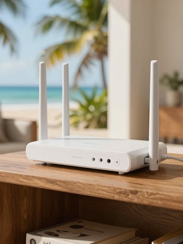 A clean modern fiber-optic router installed neatly on a wooden shelf in a bright Santo Domingo Este living room, warm natural Caribbean daylight.