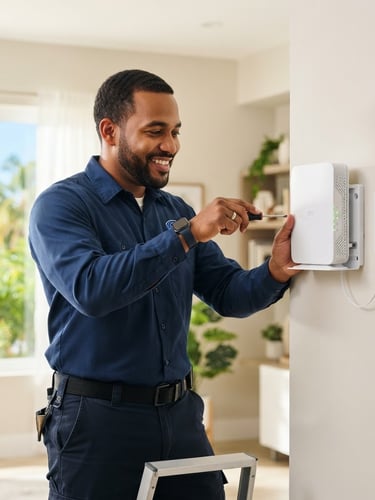 Medium shot of a friendly Dominican technician in a neat blue uniform mounting a sleek white fiber router on a clean wall, bright natural Caribbean daylight