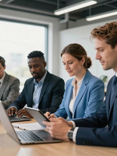 Professional team of Passport P compliance consultants in a modern industrial office, bright daylight, crisp blue and charcoal tones, sharp focus, looking approachable and competent.
