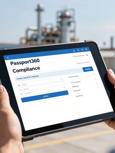 Close-up of hands on a rugged tablet displaying a Passport360 compliance dashboard, a blurred industrial site in the background, bright daylight.
