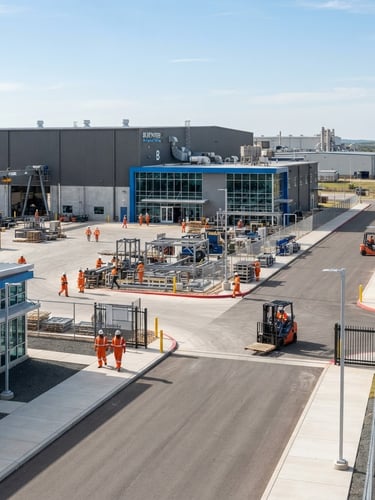 Wide shot of a modern, clean industrial site, high-vis workers in distance, bright daylight, safety blue and charcoal tones, sharp focus.