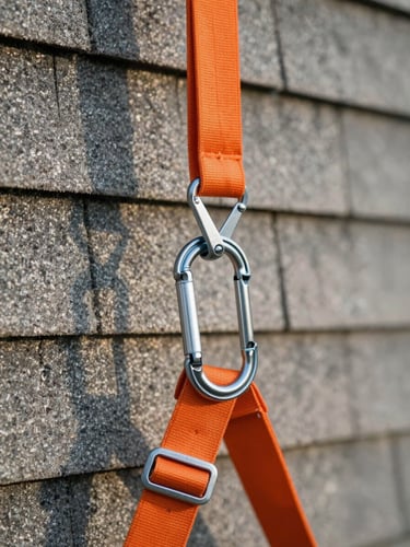Close-up of safety harness carabiner clipped securely to a roof anchor line, bright orange straps, clean shingles in the background under morning light.