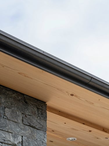 Crisp architectural photography of a new home framing under a bright sky, clean plywood roof deck visible, sharp detail, 35mm lens