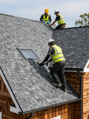 Crisp architectural photography of a professional roofing crew in safety gear installing slate gray architectural shingles on a residential home in Lowell, bright natural daylight, 35mm lens