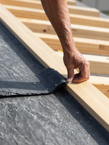 Tight macro shot of a roofing contractor installing self-adhering ice and water barrier membrane along a clean roof edge, bright natural daylight