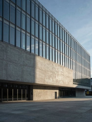 Wide architectural shot of a minimalist concrete and glass corporate headquarters in Frankfurt, sharp geometric shadows, cool morning light.