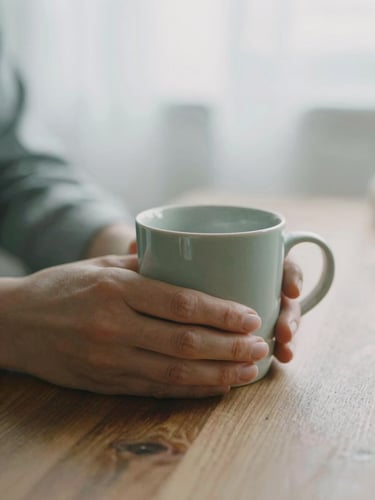 Hands holding a warm ceramic mug on a wooden table, soft overcast daylight filtering in, shallow depth of field, muted sage tones, 35mm
