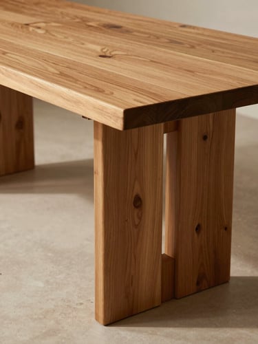 Architectural solid wood dining table with visible mortise and tenon joints, warm natural side-lighting, sharp geometric shadows on a warm plaster floor.