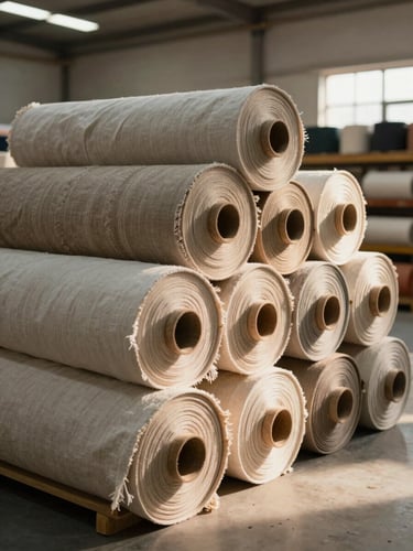 Warm natural side-lighting illuminating rolls of heavy-wear textiles stacked in a clean, modern Karbala warehouse environment.