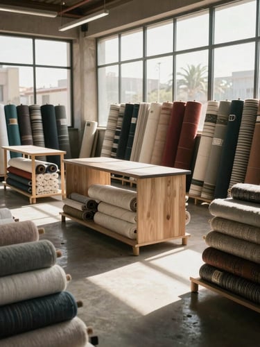 Wide environmental shot of the Karbala showroom, natural light streaming through large windows onto organized textile rolls and structural furniture setups