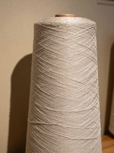 Close-up of a heavy linen textile roll standing vertically against a warm plaster showroom wall, soft shadows.