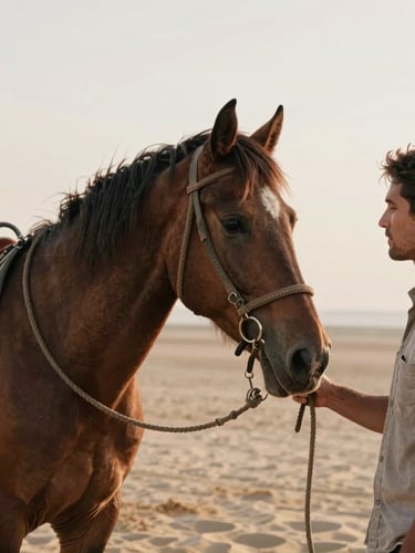 Close-up of a man leading a horse by a loose rope, looking at the horse with mutual trust, soft overcast natural light, warm sand tones.