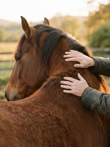 Medium close-up of a person's hands gently resting on the warm coat of a bay horse, soft golden hour light, shallow depth of field, 35mm film style.