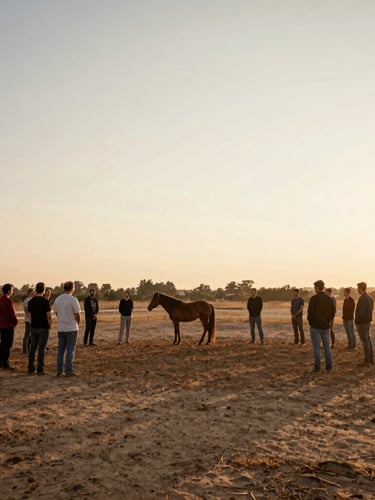 Wide shot of an open-air arena at sunset, a small group of people standing in a circle with a loose horse in the center, soft natural light, warm organic tones.